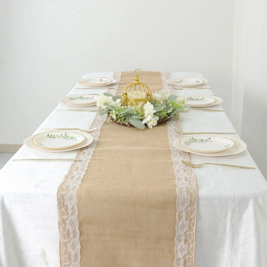 Pack of 15 - Burlap Table Runner with Lace Border